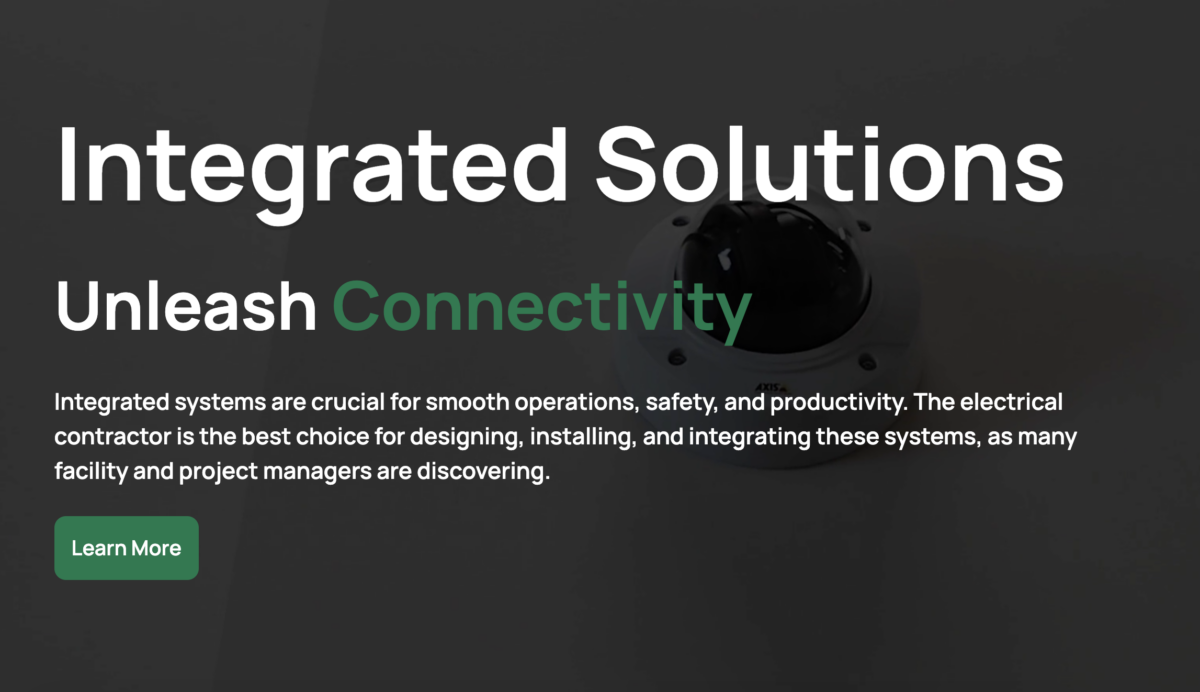 Graphic with copy on it about Integrated Solutions with a button to Learn More.