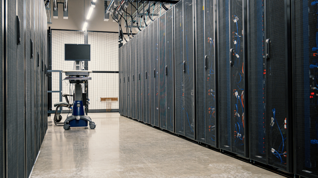 Hallway in a data center between servers