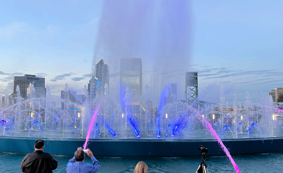 View of the newly renovated Friendship water Fountain that is enhanced with pink and blue lights